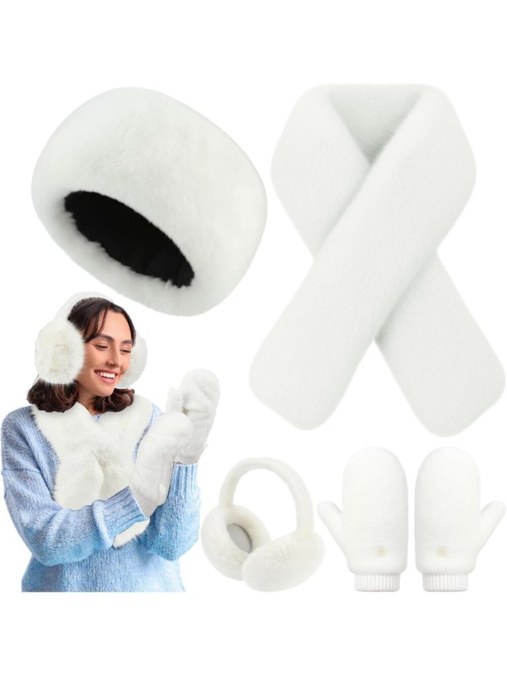 Cozy 4-in-1 Winter Warm Set: Plush Faux Fur Headband, Scarf, Earmuffs & Mittens